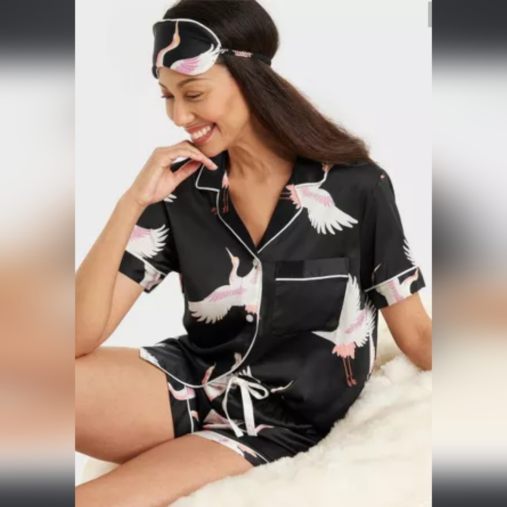 Women's 3pc Satin Short Sleeve & Shorts Pajama Set with Eye Mask